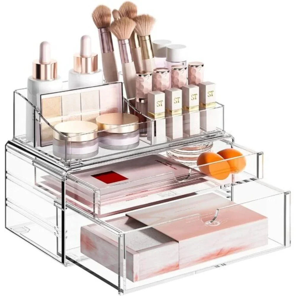 New 3-Tier Clear Makeup Organizer with Drawer, Stackable Acrylic Vanity Storage